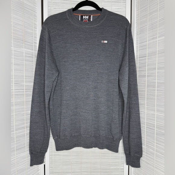 Helly Hansen Merino Wool Sweater Gray Size M Light Weight Knit Patch Detail - Picture 1 of 7